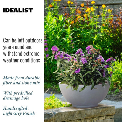IDEALIST™ 13.8 Inch Bowl Planter, Light Grey Reinforced Stone Garden Shallow Planter, Large Bonsai Pot D35 H16 cm, 16L