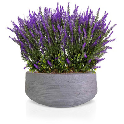 IDEALIST™ 17.3 Inch Bowl Planter, Ribbed Grey Reinforced Stone Shallow Planter, Large Bonsai Pot, Outdoor Plant Pot D44 H18 cm