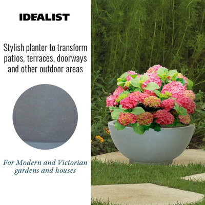 IDEALIST™ 17.7 Inch Bowl Planter, Light Grey Reinforced Stone Garden Shallow Planter, Large Bonsai Pot D45 H20 cm, 32L