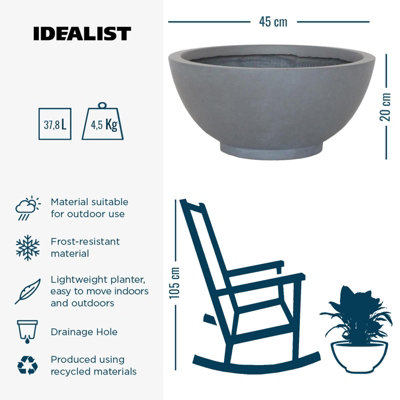IDEALIST™ 17.7 Inch Bowl Planter, Light Grey Reinforced Stone Garden Shallow Planter, Large Bonsai Pot D45 H20 cm, 32L