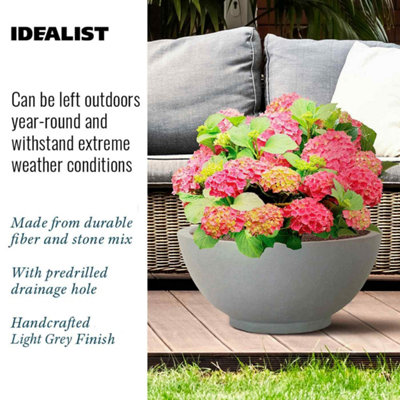 IDEALIST™ 17.7 Inch Bowl Planter, Light Grey Reinforced Stone Garden Shallow Planter, Large Bonsai Pot D45 H20 cm, 32L