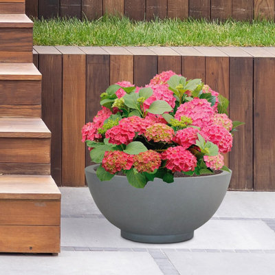 IDEALIST™ 17.7 Inch Bowl Planter, Light Grey Reinforced Stone Garden Shallow Planter, Large Bonsai Pot D45 H20 cm, 32L