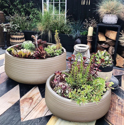 IDEALIST 17 Inch Bowl Planter, Ribbed Beige Reinforced Stone Shallow  Planter, Large Bonsai Pot, Outdoor