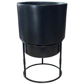IDEALIST 24cm Indoor Plant Pot, Black Concrete Effect Round Planter on Detachable Metal Stand D24 H35 cm, 5L