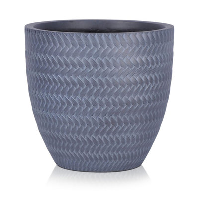 IDEALIST™ 24cm Round Planter, Plaited Grey Reinforced Stone Egg Outdoor Plant Pot D24 H23 cm, 10L