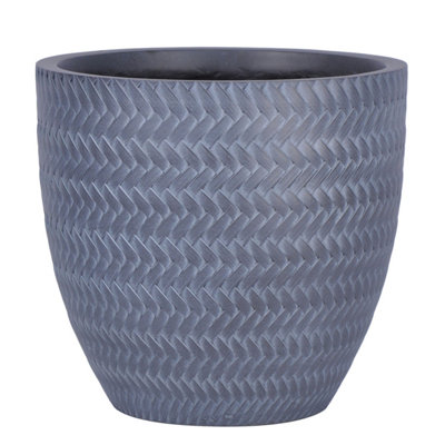 IDEALIST™ 24cm Small Round Planter, Plaited Grey Reinforced Stone Outdoor Plant Pot D24 H23 cm, 10L