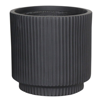 IDEALIST 24cm Small Round Planter, Ribbed Black Reinforced Stone Cylinder Outdoor Plant Pot D24 H24 cm, 7.6L