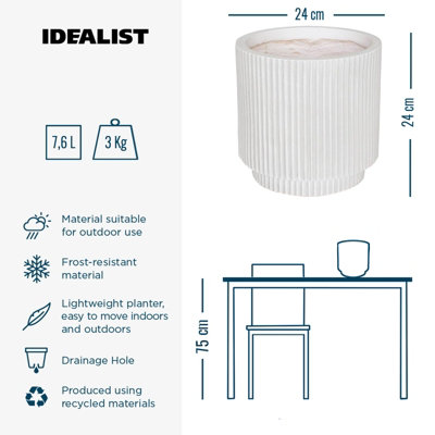 IDEALIST 24cm Small Round Planter, Ribbed White Concrete Effect Cylinder Outdoor Plant Pot D24 H24 cm, 7.6L