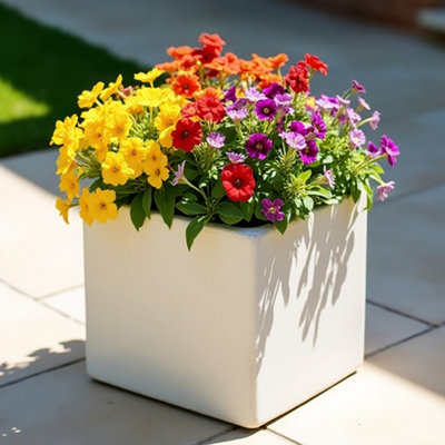 IDEALIST™ 25cm Planter, White Reinforced Stone Square Flower Box Garden Planter, Outdoor Plant Pot
