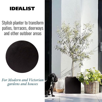 IDEALIST™ 25cm Square Planter, Black Reinforced Stone Flower Box Garden Planter, Outdoor Plant Pot