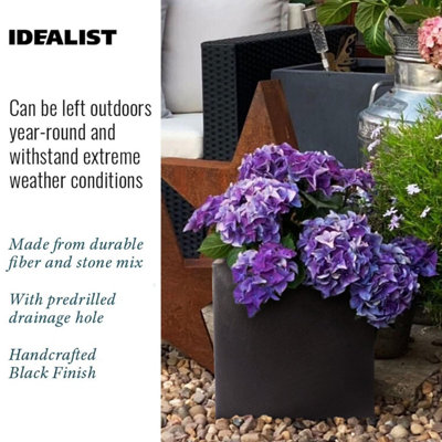 IDEALIST™ 25cm Square Planter, Black Reinforced Stone Flower Box Garden Planter, Outdoor Plant Pot