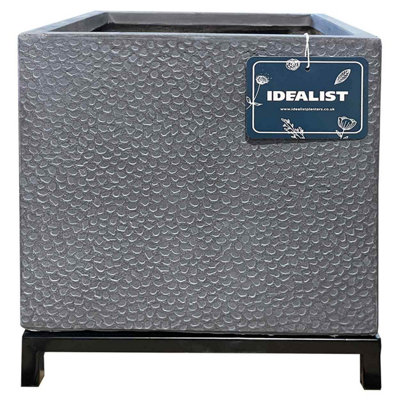 IDEALIST™ 26cm Square Planter, Grey Slate Effect Indoor Plant Pot on 5cm Tall Detachable Metal Stand H35 L26 W26 cm, 22L