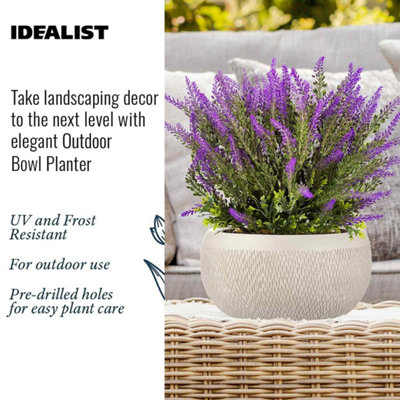 IDEALIST 29cm Bowl Planter, White Mesh Concrete Effect Shallow Planter, Large Bonsai Pot, Outdoor Plant Pot D29 H13 cm, 6L