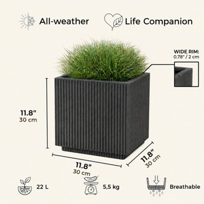 IDEALIST™ 30cm Planter, Ribbed Black Reinforced Stone Square Flower Box, Outdoor Plant Pot, Garden Planter