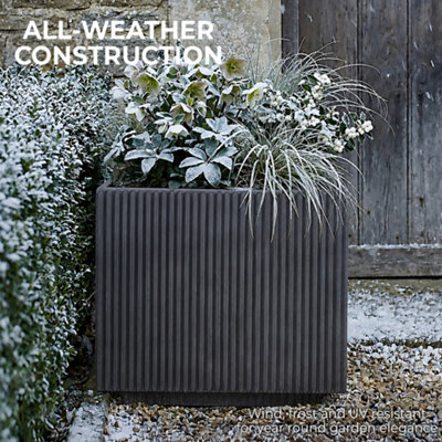 IDEALIST™ 30cm Planter, Ribbed Black Reinforced Stone Square Flower Box, Outdoor Plant Pot, Garden Planter