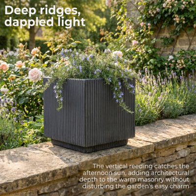 IDEALIST™ 30cm Planter, Ribbed Black Reinforced Stone Square Flower Box, Outdoor Plant Pot, Garden Planter