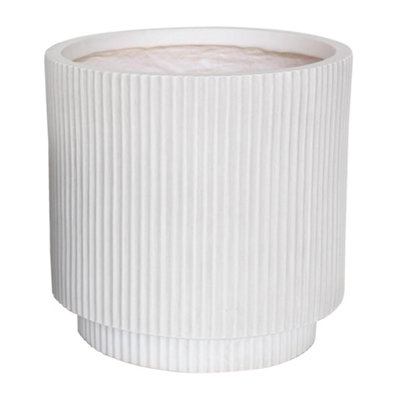 IDEALIST 30cm Round Planter with Drainage Holes, Ribbed White Concrete Effect Cylinder Outdoor Plant Pot D30 H30 cm, 16L