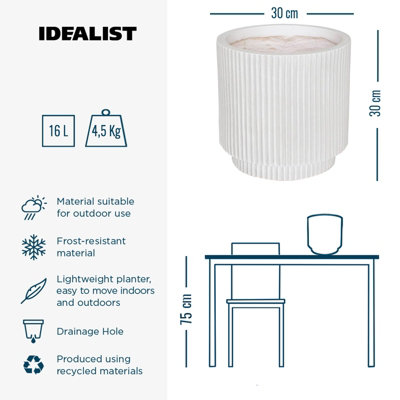 IDEALIST 30cm Round Planter with Drainage Holes, Ribbed White Concrete Effect Cylinder Outdoor Plant Pot D30 H30 cm, 16L