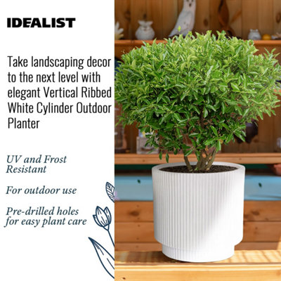 IDEALIST 30cm Round Planter with Drainage Holes, Ribbed White Concrete Effect Cylinder Outdoor Plant Pot D30 H30 cm, 16L