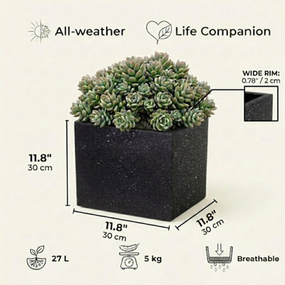 IDEALIST™ 30cm Square Planter, Black Terrazzo Effect Reinforced Stone Flower Box, Outdoor Plant Pot