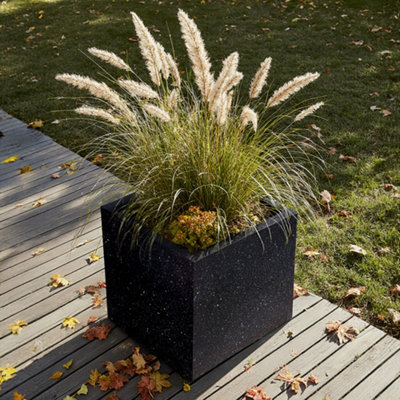 IDEALIST™ 30cm Square Planter, Black Terrazzo Effect Reinforced Stone Flower Box, Outdoor Plant Pot