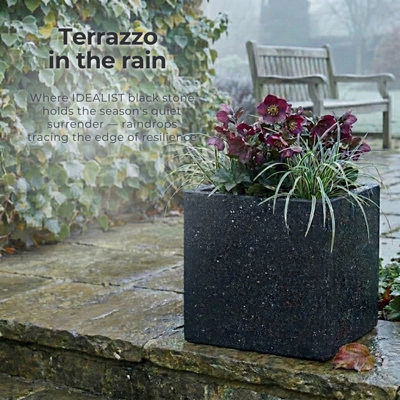 IDEALIST™ 30cm Square Planter, Black Terrazzo Effect Reinforced Stone Flower Box, Outdoor Plant Pot