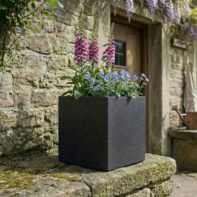 IDEALIST™ 30cm Square Planter, Black Terrazzo Effect Reinforced Stone Flower Box, Outdoor Plant Pot