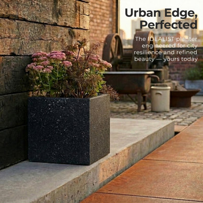 IDEALIST™ 30cm Square Planter, Black Terrazzo Effect Reinforced Stone Flower Box, Outdoor Plant Pot