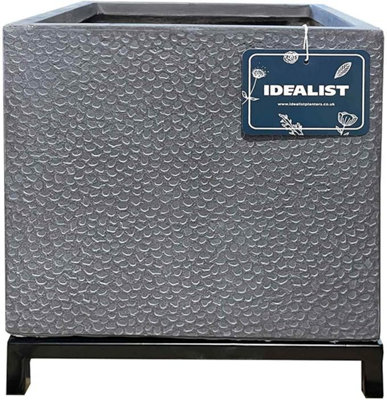 IDEALIST™ 33cm Square Planter, Grey Slate Effect Indoor Plant Pot on 5cm Detachable Metal Stand H42 L33 W33 cm, 42.9L