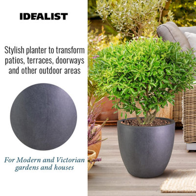 IDEALIST™ 35cm Round Planter, Dark Grey Reinforced Stone Garden Planter, Outdoor Plant Pot D35 H32 cm, 30L