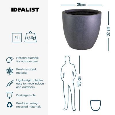 IDEALIST™ 35cm Round Planter, Dark Grey Reinforced Stone Garden Planter, Outdoor Plant Pot D35 H32 cm, 30L