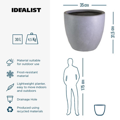 IDEALIST™ 35cm Round Planter, Grey Reinforced Stone Garden Planter, Outdoor Plant Pot D35 H32 cm, 30L
