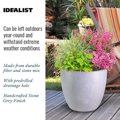 IDEALIST™ 35cm Round Planter, Grey Reinforced Stone Garden Planter, Outdoor Plant Pot D35 H32 cm, 30L