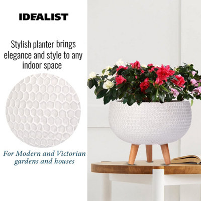 IDEALIST 36cm Bowl Planter with Legs, Honeycomb White Concrete Effect Round Indoor Plant Pot for Indoor Plants D36 H29 cm, 16L