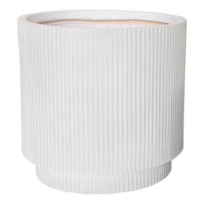 IDEALIST 37cm Round Planter with Drainage Holes, Ribbed White Concrete Effect Cylinder Outdoor Plant Pot D37 H37 cm, 31.7L