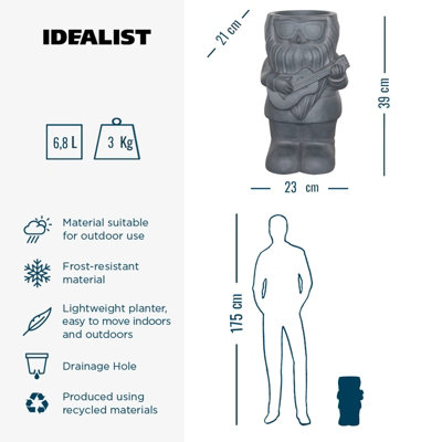 IDEALIST™ 39cm Funny Garden Gnome Planter, Gnome with a Guitar, Outdoor Plant Pot L23 W21 H39 cm, 7L