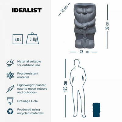 IDEALIST™ 39cm Funny Garden Gnome Planter, Gnome with a Shovel, Outdoor Plant Pot L23 W21 H39 cm, 7L