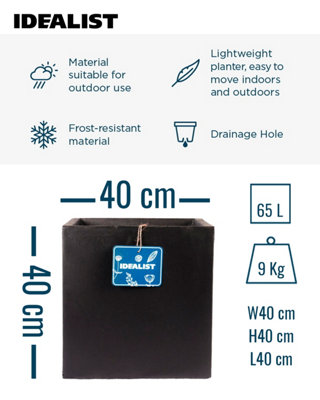IDEALIST™ 40cm Square Planter, Black Reinforced Stone Outdoor Plant Pot ...