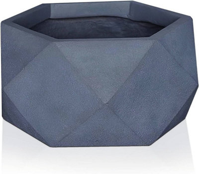 IDEALIST 41cm Bowl Planter, Grey Faceted Concrete Effect Large Shallow Planter, Outdoor Plant Pot D41 H21 cm, 24L