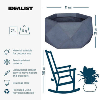 IDEALIST™ 41cm Bowl Planter, Grey Faceted Reinforced Stone Large Shallow Planter, Outdoor Plant Pot D41 H21 cm, 24L