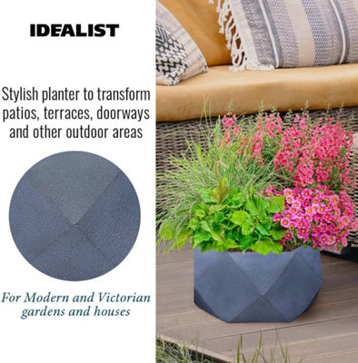 IDEALIST™ 41cm Bowl Planter, Grey Faceted Reinforced Stone Large Shallow Planter, Outdoor Plant Pot D41 H21 cm, 24L
