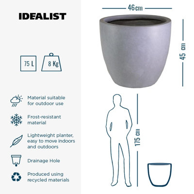 IDEALIST™ 46cm Round Planter, Grey Reinforced Stone Garden Planter, Outdoor Plant Pot D46 H45 cm, 75L