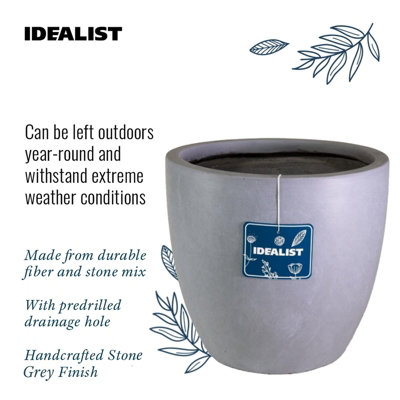IDEALIST™ 46cm Round Planter, Grey Reinforced Stone Garden Planter, Outdoor Plant Pot D46 H45 cm, 75L