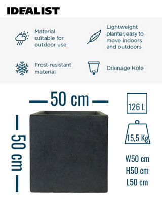 IDEALIST™ 50cm Large Square Planter, Dark Grey Reinforced Stone Flower Box Garden Planter, Outdoor Large Plant Pot