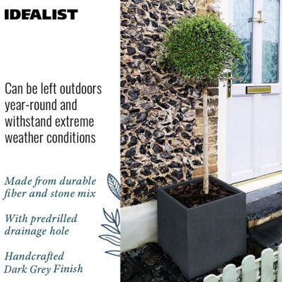 IDEALIST™ 50cm Large Square Planter, Dark Grey Reinforced Stone Flower Box Garden Planter, Outdoor Large Plant Pot