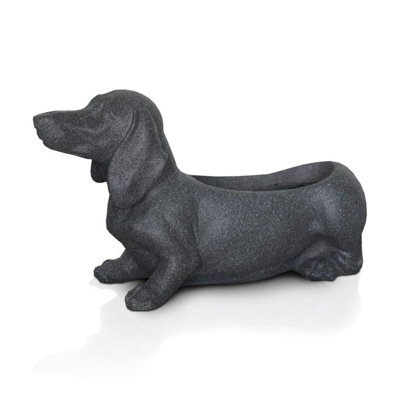 IDEALIST™ 50cm Long Animal Planter, Sausage Dog Shallow Planter, Mottled Black Reinforced Stone Outdoor Plant Pot  L50 W16 H27 cm