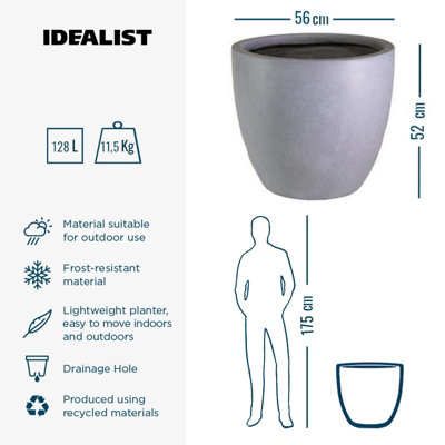 IDEALIST™ 56cm Large Round Planter for Trees, Grey Reinforced Stone Garden Planter, Outdoor Plant Pot D56 H52 cm, 128L