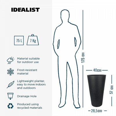 IDEALIST™ 57cm Tall Planter, Dark Grey Reinforced Stone Round Garden Planter, Outdoor Large Plant Pot D41 H57, 75L