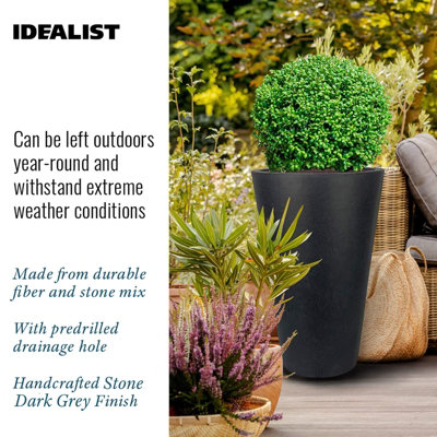 IDEALIST™ 57cm Tall Planter, Dark Grey Reinforced Stone Round Garden Planter, Outdoor Large Plant Pot D41 H57, 75L