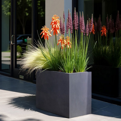 IDEALIST 60cm Garden Trough, Slate Grey Reinforced Stone Tall Rectangular  Planter, Outdoor Large Plant Pot